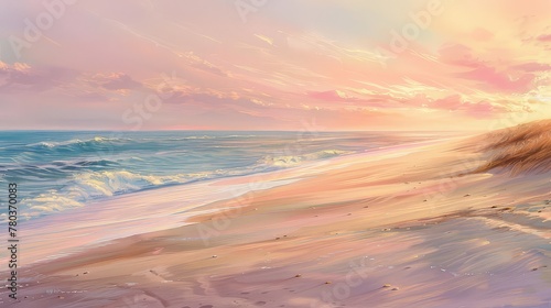 A secluded beach at sunrise  where the first light of day paints the sky in hues of pink and gold  casting a warm glow on the sand.