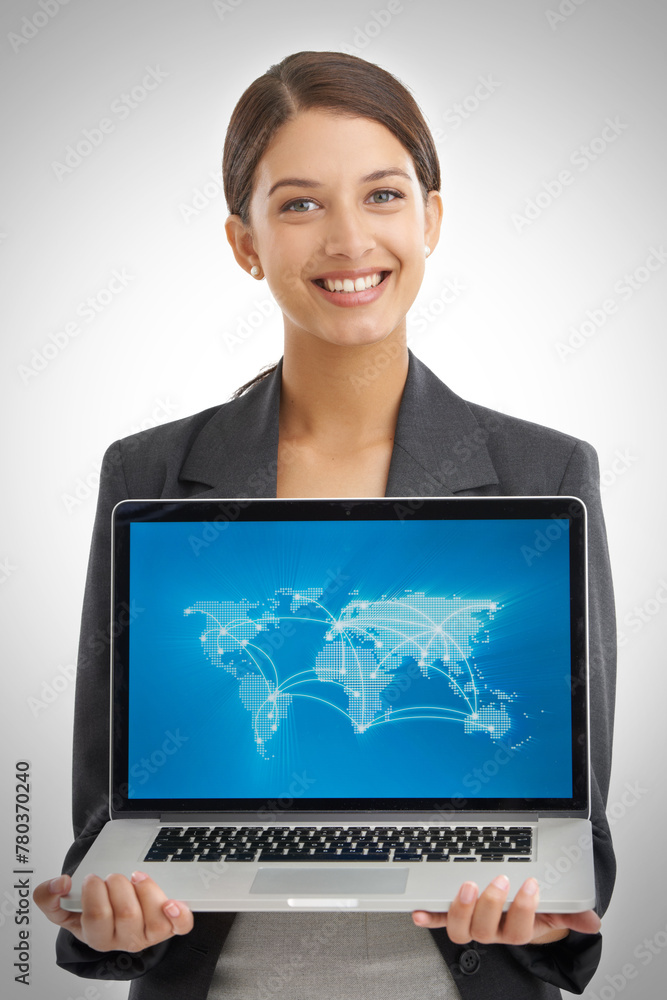 Laptop, business woman and global network on screen, digital transformation and map on white background. Portrait, international location and technology abstract, travel and cyber with user in studio Laptop, business woman and global network on screen, digital transformation and map on white background. Portrait, international location and technology abstract, travel and cyber with user in studio