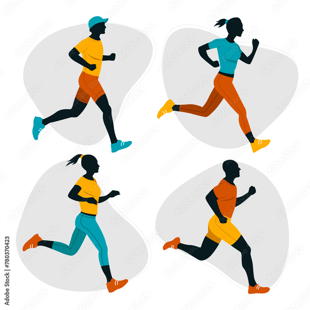 Hand drawn runner silhouette mini composition set Hand drawn runner silhouette mini composition set