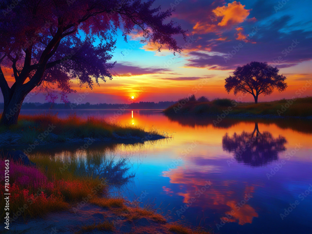 Evening Seenary with  Vibrant Colors River 