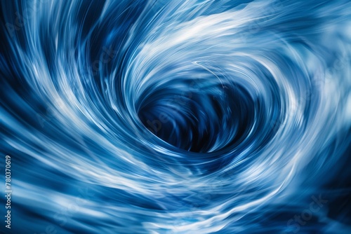 Dynamic abstract blue metallic forms hurtling through the high atmosphere, featuring rapid movement and radial zoom motion blur.