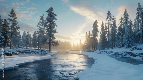winter landscape with frozen river. AI generated