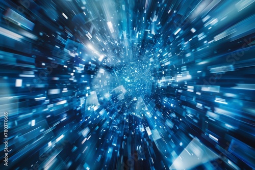 Dynamic abstract blue metallic forms hurtling through the high atmosphere, featuring rapid movement and radial zoom motion blur.