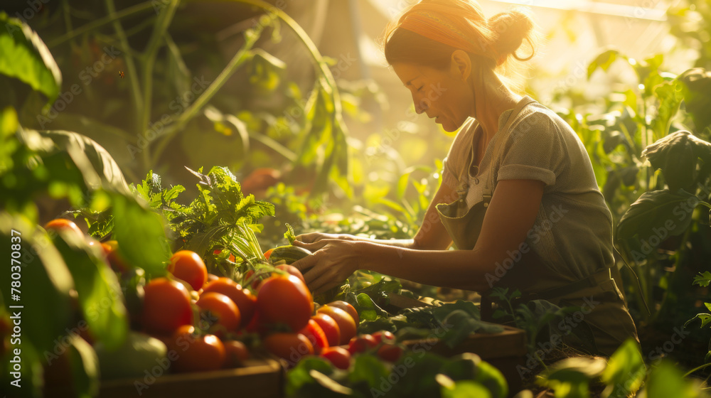 Close-up of a young woman harvesting from her home garden. The farmer collects vegetables. Vegetable growing. Gardener concept. Close-up of a young woman harvesting from her home garden. The farmer collects vegetables. Vegetable growing. Gardener concept.