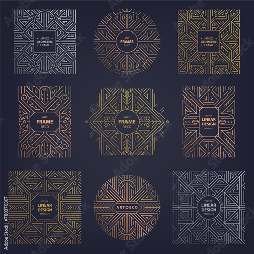 Vector set of art deco frames, line design patterns. Golden, silver, copper borders, luxury labels, abstract logos. Vintage gatsby fancy package elements. © marylia17