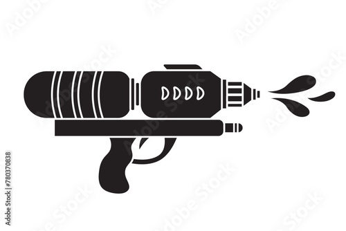 Vector plastic children's toy water gun shape icon isolated on white background. Black silhouette summer pistol element. Songkran festival traditional game illustration