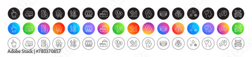 Money currency, Cursor and Friend line icons. Round icon gradient buttons. Pack of Dishes, Heart rating, Shopping icon. Smile, Lightning bolt, Growth chart pictogram. Vector