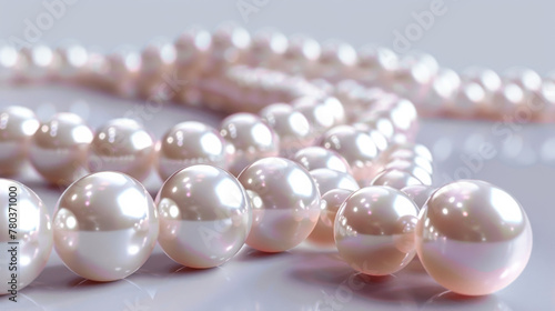 Close up of white pearls on background. White pearl texture. Concept of accessories, jewelry.