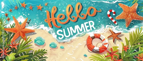"HELLO SUMMER" vector design for the summertime. With tropical holiday themes and a sandy beach backdrop, this typographic lettering says "hello summer" for an enjoyable outdoor day trip.