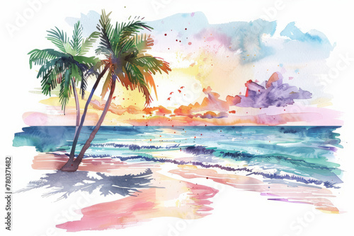 Watercolor painting of palms  tree beach with ocean sea  sunset  design for logo
