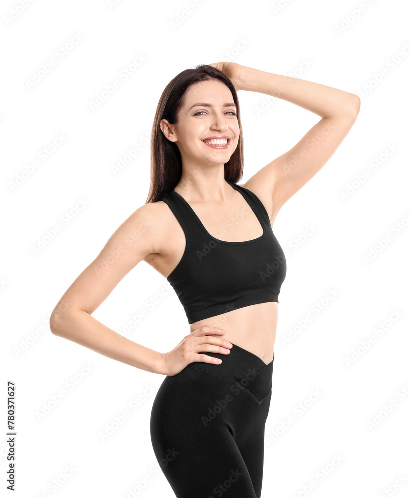 Happy young woman with slim body posing on white background Happy young woman with slim body posing on white background