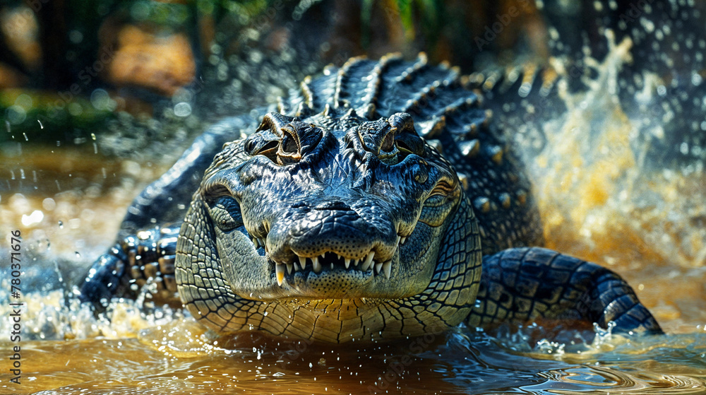 Obraz premium Closeup of a big crocodile running through the water