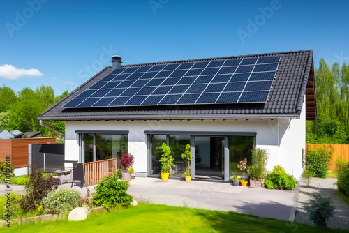 Modern eco-house with solar panels on the roof. Environmentally friendly electrical system