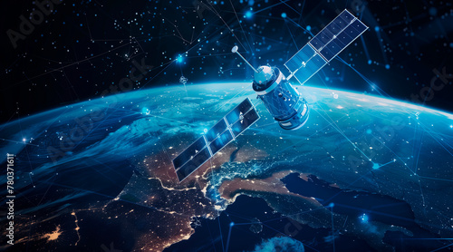 telecom communication satellite orbiting around the globe earth with futuristic technology datum hologram information for online and internet connection and gps space orbit services banner photo
