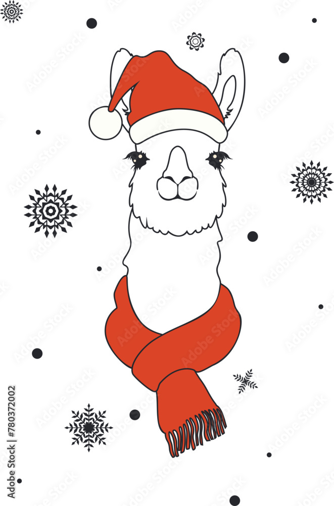 Fototapeta premium Portrait of llama in red hat and scarf. Cute llama wear red christmas hat and scarf illustration.