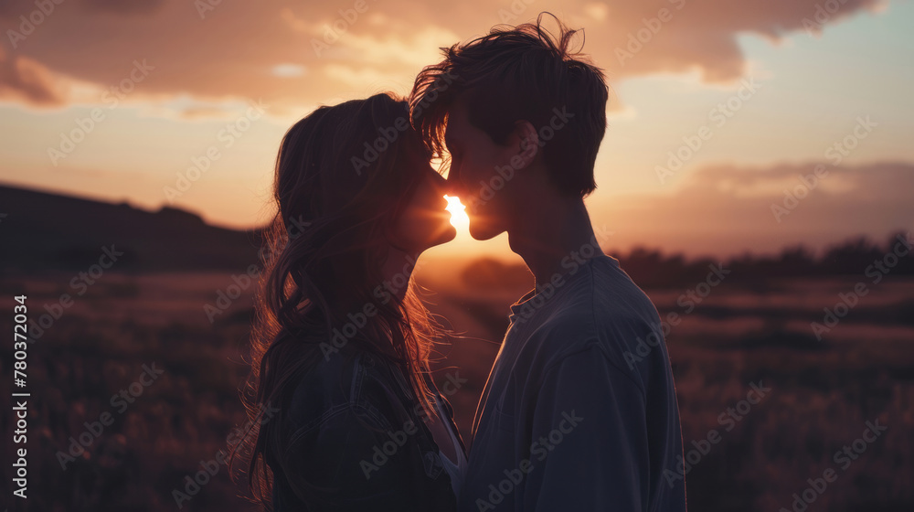 Romantic young couple kissing outdoor at sunset, boy friend and girl friend have a moment at twilight