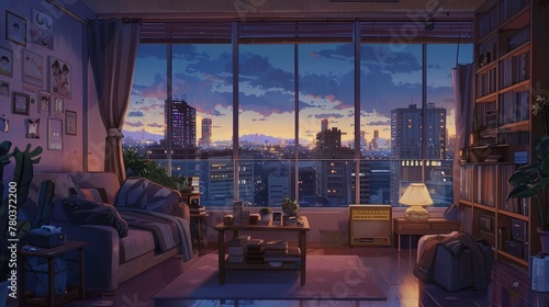 The warm glow of sunset floods an urban apartment, showcasing a comfortable living space with a stunning cityscape backdrop. Urban Apartment with Sunset City View lofi anime cartoon