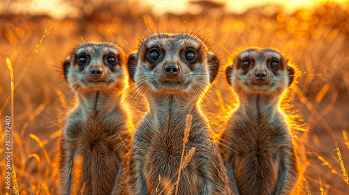 Three meerkats standing in the african savanna during a sunset