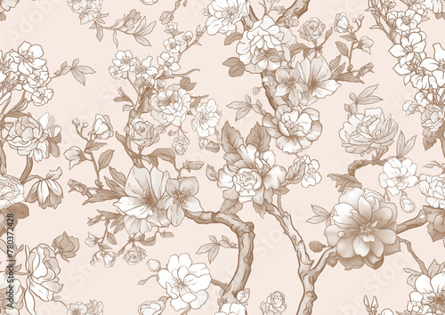Blossom trees with rose, peony, chrysanthemum, Seamless pattern, background. Vector illustration in Chinoiserie, botanical style
