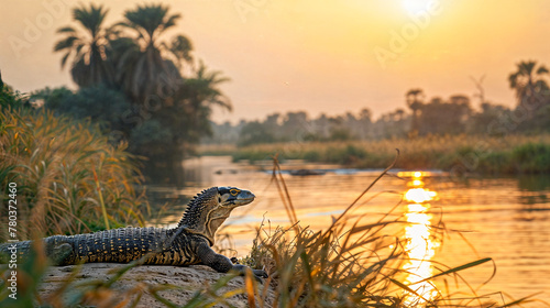 A nile monitor lizard lying on a river bench and looking at the sunset © Flowal93