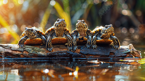 A group of four terrapin turtles sitting on a piece of wood in a lake and enjoying the sun photo