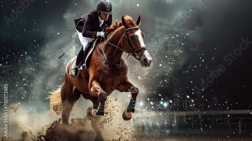 Horseback riding. A horse and jockey take part in an outdoor race. Concept of sport, movement.