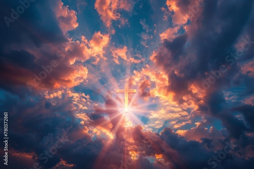A bright sun shining through a cloudy sky with a cross in the middle