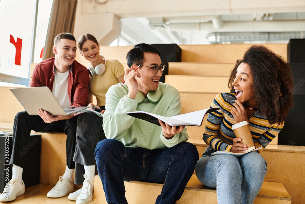 A multicultural group of students sit on urban stairs, taking a break from studies and enjoying each others company. A multicultural group of students sit on urban stairs, taking a break from studies and enjoying each others company.