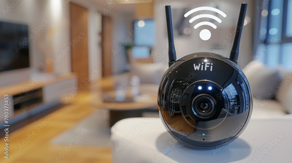 Close-up image of a modern Wi-Fi surveillance camera with a living room in the soft-focus background, depicting home security.