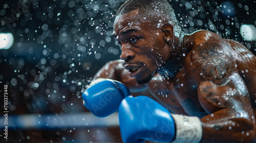 An intense black male boxer in action, showcasing strength and determination as he wins the match, surrounded by dramatic lighting and sweat droplets. © AS Photo Family