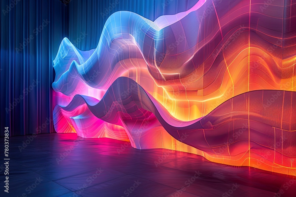 Digital art depicting neon glowing waves undulating in a vibrant ...
