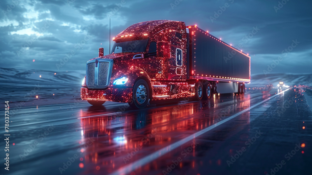 An autonomous semi truck illuminated with bright LED lights travels on a wet highway under a moody sky at dusk, showcasing advanced futuristic transportation. An autonomous semi truck illuminated with bright LED lights travels on a wet highway under a moody sky at dusk, showcasing advanced futuristic transportation.