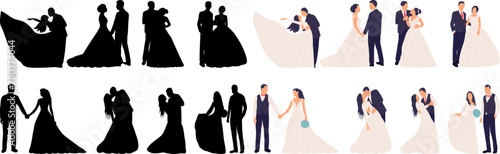 bride in dress and groom set in flat style on white background vector