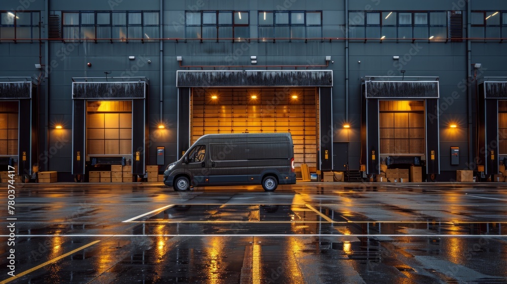 Illuminated logistics warehouse exterior with open dock doors and a parked delivery van, reflecting an industry's demands during twilight hours. Illuminated logistics warehouse exterior with open dock doors and a parked delivery van, reflecting an industry's demands during twilight hours.