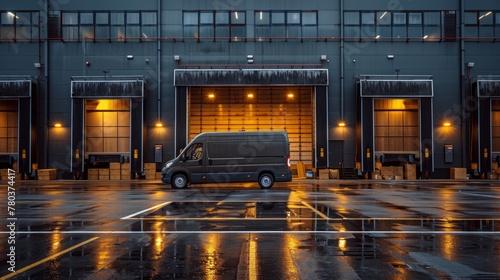 Illuminated logistics warehouse exterior with open dock doors and a parked delivery van, reflecting an industry's demands during twilight hours.