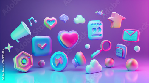 Vibrant 3D Hearts and Social Media Icons Floating in a Neon Dreamscape