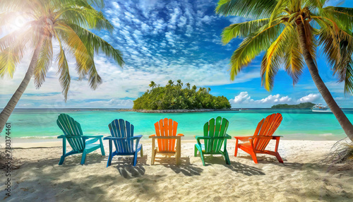 Close-up of a tropical turquoise beach with a row of colorful outdoor adirondack chairs on a sandy beach, on the sides two palm trees and on the horizon a small island in the sea. Generative Ai.