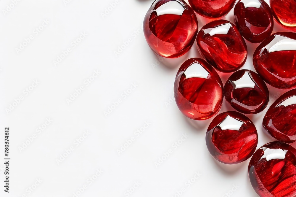 Transparent, glass red stones, on a white background, copy space Transparent, glass red stones, on a white background, copy space