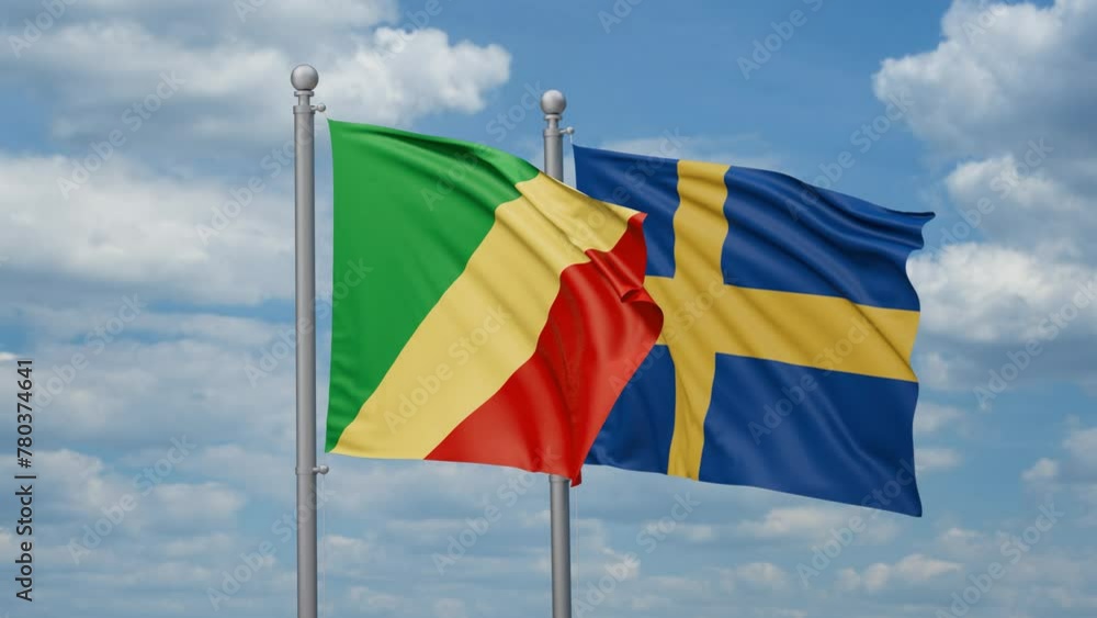 Sweden and Republic of the Congo two flags waving together, looped video, two country cooperation concept Sweden and Republic of the Congo two flags waving together, looped video, two country cooperation concept