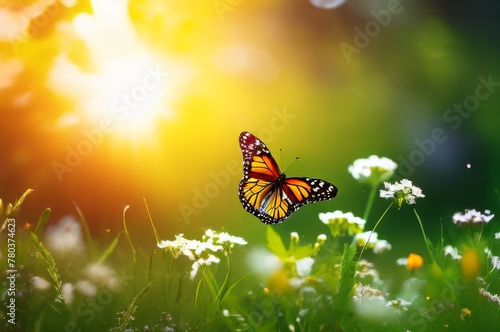 Monarch butterfly on a green meadow with flowers