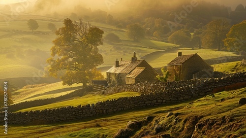 Golden misty light on old stone walls and rolling hills of the rural English countryside pastoral landscape