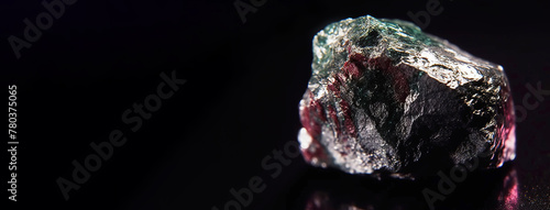 Ferroselite is a rare precious natural stone on a black background. AI generated. Header banner mockup with space.