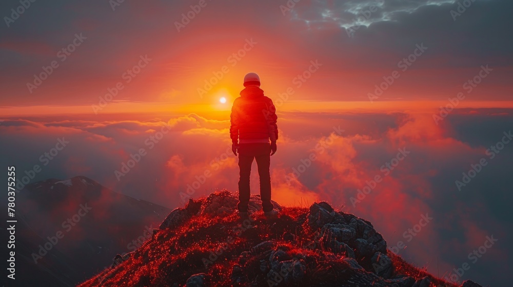 Captivating silhouette of man standing atop a rocky mountain peak as the sun rises amidst a sea of clouds.