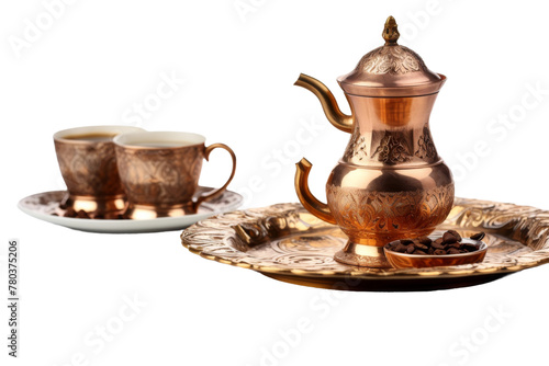 Two Cups and a Saucer on a Plate. On a White or Clear Surface PNG Transparent Background.