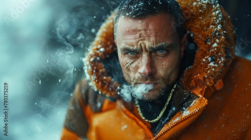Close-up of a rugged man with piercing eyes, smoking in a snowy environment, exuding a sense of toughness and determination. photo