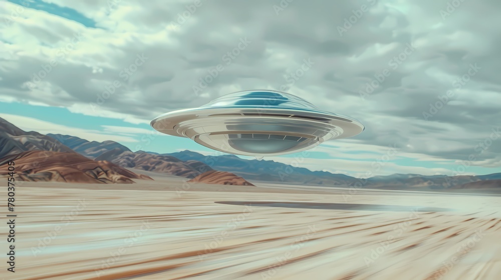 Obraz premium Digital metal flying saucer desert scene poster background
