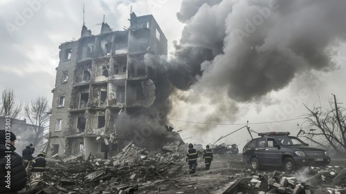 This somber image captures a destroyed building in Ukraine. The aftermath of missile strikes leaves behind rubble, with smoke billowing into the sky. Emergency workers are seen franticallGenerative AI