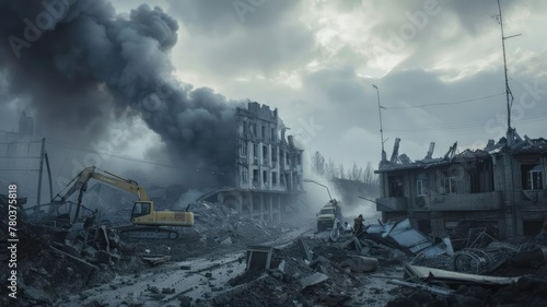 This somber image captures a destroyed building in Ukraine. The aftermath of missile strikes leaves behind rubble, with smoke billowing into the sky. Emergency workers are seen franticallGenerative AI photo