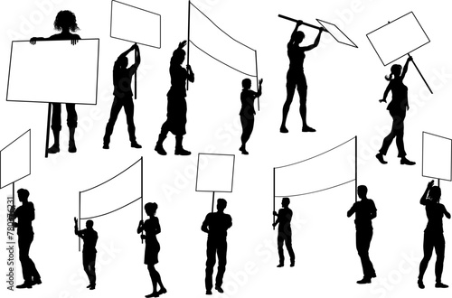Protestors or demonstrators men and women. At a demonstration march, picketing line or strike protest rally in silhouette. Holding banners, picket signs and megaphone or mega phone.