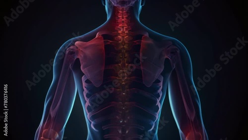 Wallpaper Mural An illustration in the style of a medical illustration with a X-ray effect of a back and a spine highlighted with a blue transparent contour black background. Torontodigital.ca